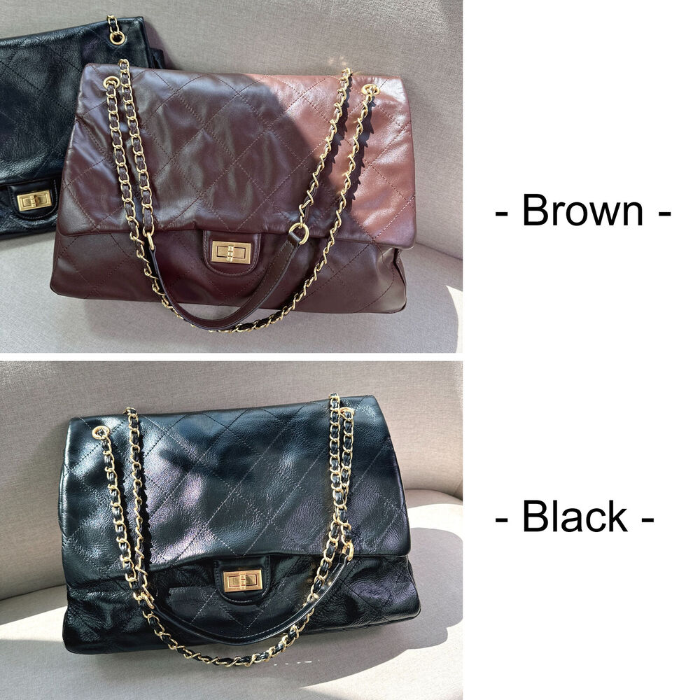 33/39cm Large Quilted Real Leather Flap Purse Shoulder Bag Chain Handbag Fashion