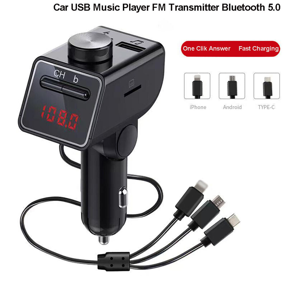 Bluetooth Car FM Transmitter MP3 Player with Type-C Micro-USB 8Pin Charger Cable