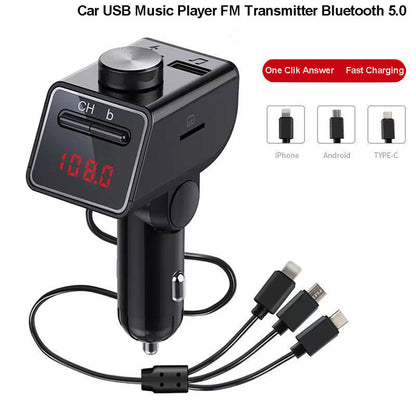 Bluetooth Car FM Transmitter MP3 Player with Type-C Micro-USB 8Pin Charger Cable