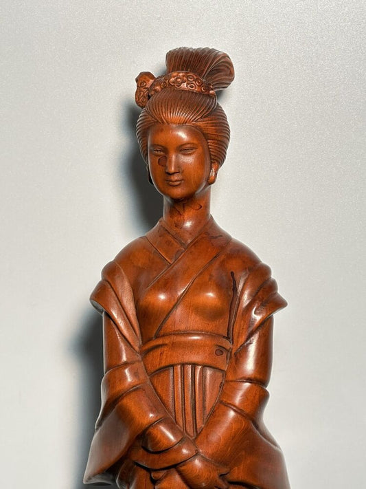 Vintage Chinese Wooden Carving Boxwood Pretty Woman Statue Wooden Figures Decor