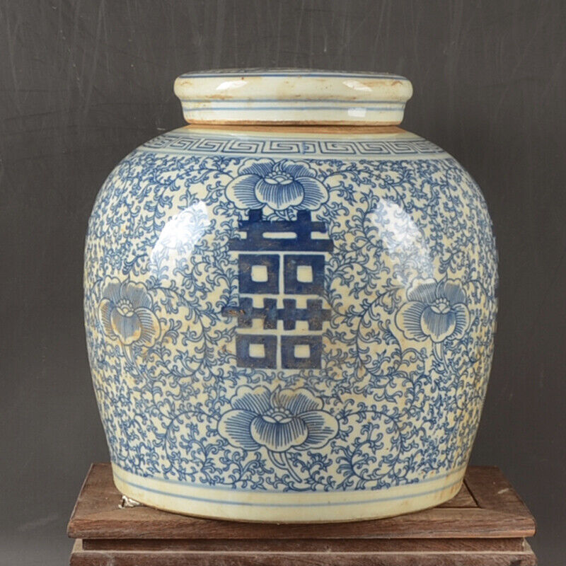 Late Qing Dynasty Folk Kiln Blue and White Tea Pot with Joy Words and Lotus Cove