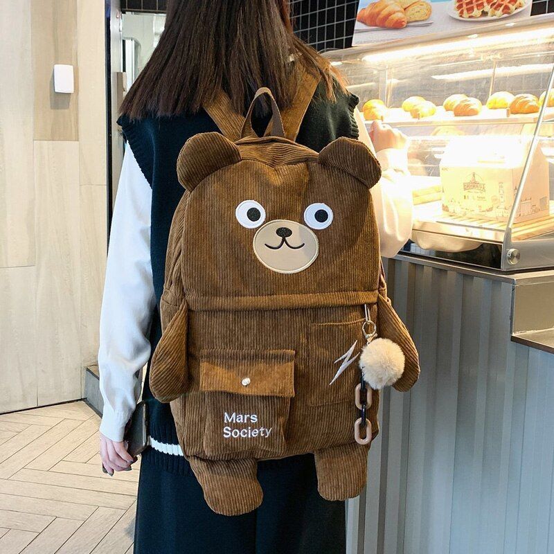 Corduroy Bear Backpacks Multi-pockets School Bags Large Schoolbags 43*30*13 CM