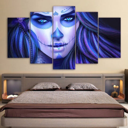 Day Of The Dead Violet Women Face 5 Panel Canvas Print Modern Wall Art Poster