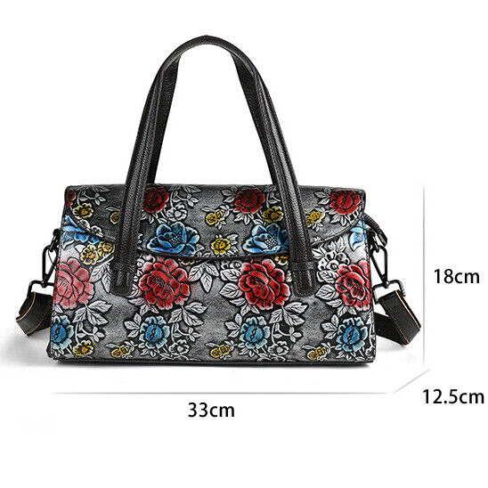 Genuine Leather Floral Embroidered Vintage Handbag Women's Tote Shoulder Bags