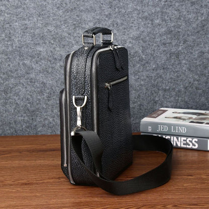 Black 100% Real Leather Shoulder Bag, Designer Pearl Fish Men's Business Handbag