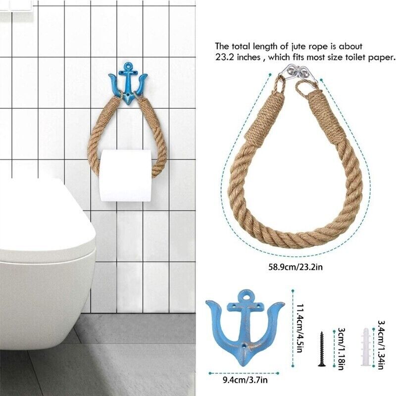 Nautical Rope Toilet Paper Holder Towel Ring Rack Metal Hook Bathroom Wall Decor