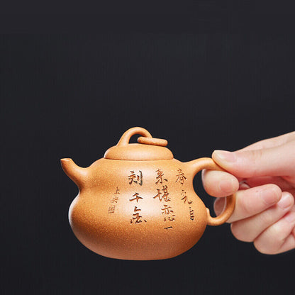 full handmade tea pot marked Chinese character carved pot yixing zisha duan clay