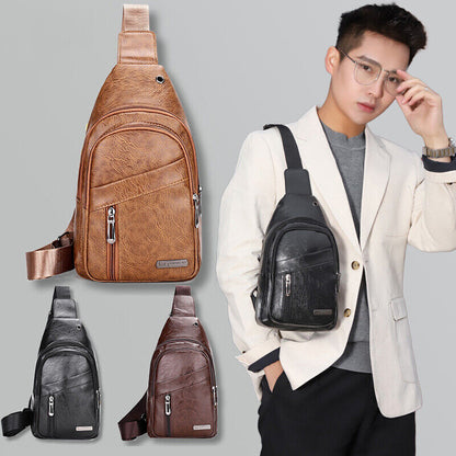 Leather Sling Bag for Men Chest Shoulder Crossbody Hiking Backpack Daypack Gifts