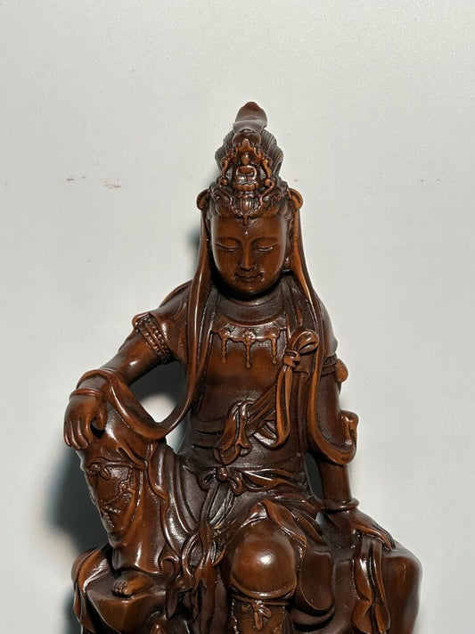 Vintage Chinese Boxwood Carving Free Kwan Yin Statue Wood Sculpture Buddha Decor
