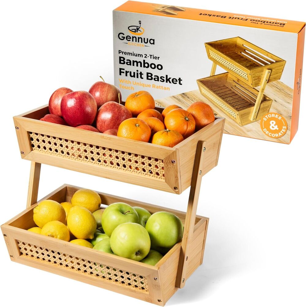 Wooden Rattan Fruit Basket for Kitchen Counter Bamboo 2-Tier Vegetable Storage