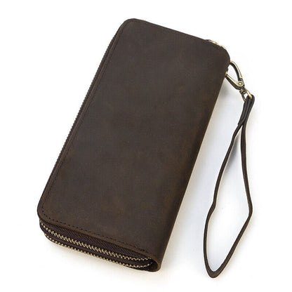 Top- Grain Leather Men's Clutch Bag, Long Zipper Wallets Retro Handbags