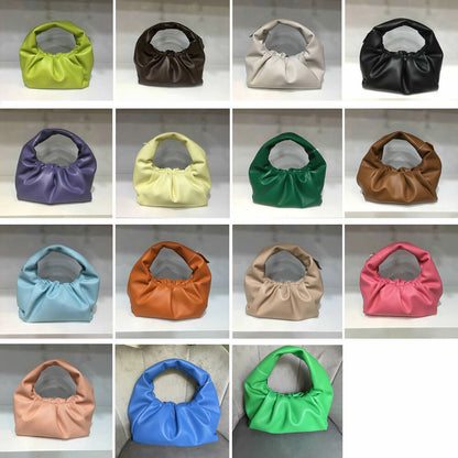Small Mini Real Leather Ruched Tote Pouch bag Purse Clutch Clip on Top Handle