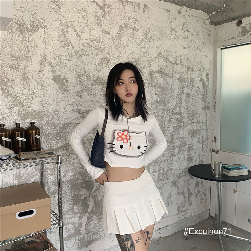 Hello Kitty cute Long Sleeved T Shirt Sexy Printed Round Neck Women Y2K Slim Top