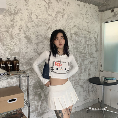 Hello Kitty cute Long Sleeved T Shirt Sexy Printed Round Neck Women Y2K Slim Top