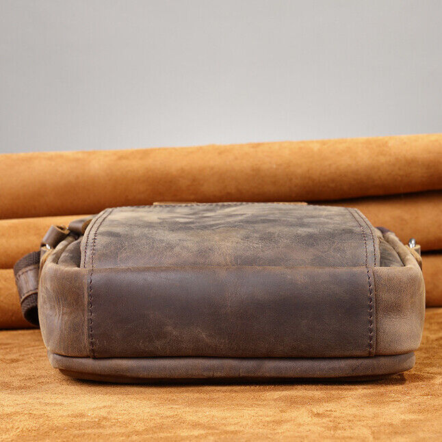 Crazy Horse Leather Men's Shoulder Bag 8inch Handbag Multifunction Crossbody Bag