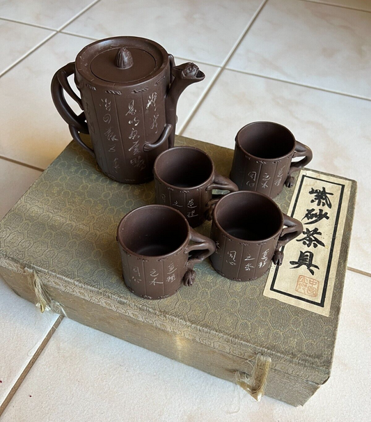 Chinese Yixin Clay Handmade Zisha Tea Set Teapot With 4 Cups In Original Box