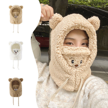 Multi-functional Bear Scarf Face Cover Hat Women Cute Winter Thick Plush Scarf