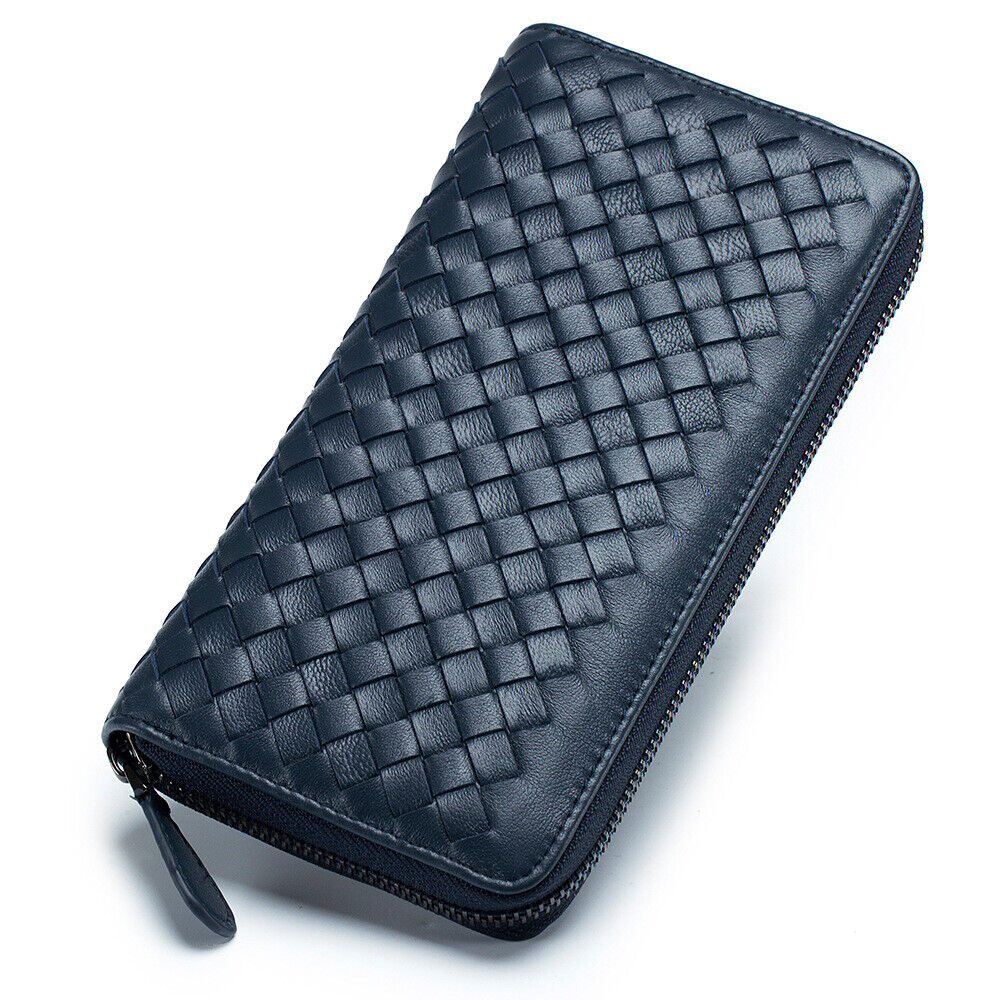 Sheepskin Leather Clutch Wallets Men's Zipper Long Weaving Bag Card/Phone Holder