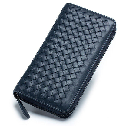 Sheepskin Leather Clutch Wallets Men's Zipper Long Weaving Bag Card/Phone Holder