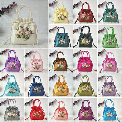 Women Ethnic Embroidered Floral Satin Handbag Girls Drawstring Tote Hanfu Bag