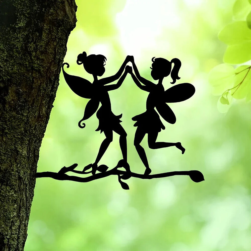 Garden with Two Elves On Branch Steel Silhouette Metal Wall Art