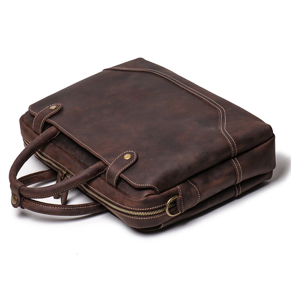 Men's Portable Briefcase Crazy Horse Leather Sling Shoulder Bags for 14" Laptop