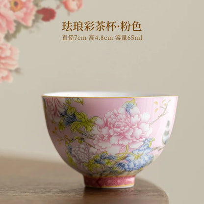 65ml Chinese Enamel Tea Cup Ceramic Peony Master Cup Tea Set Small Tea Bowl
