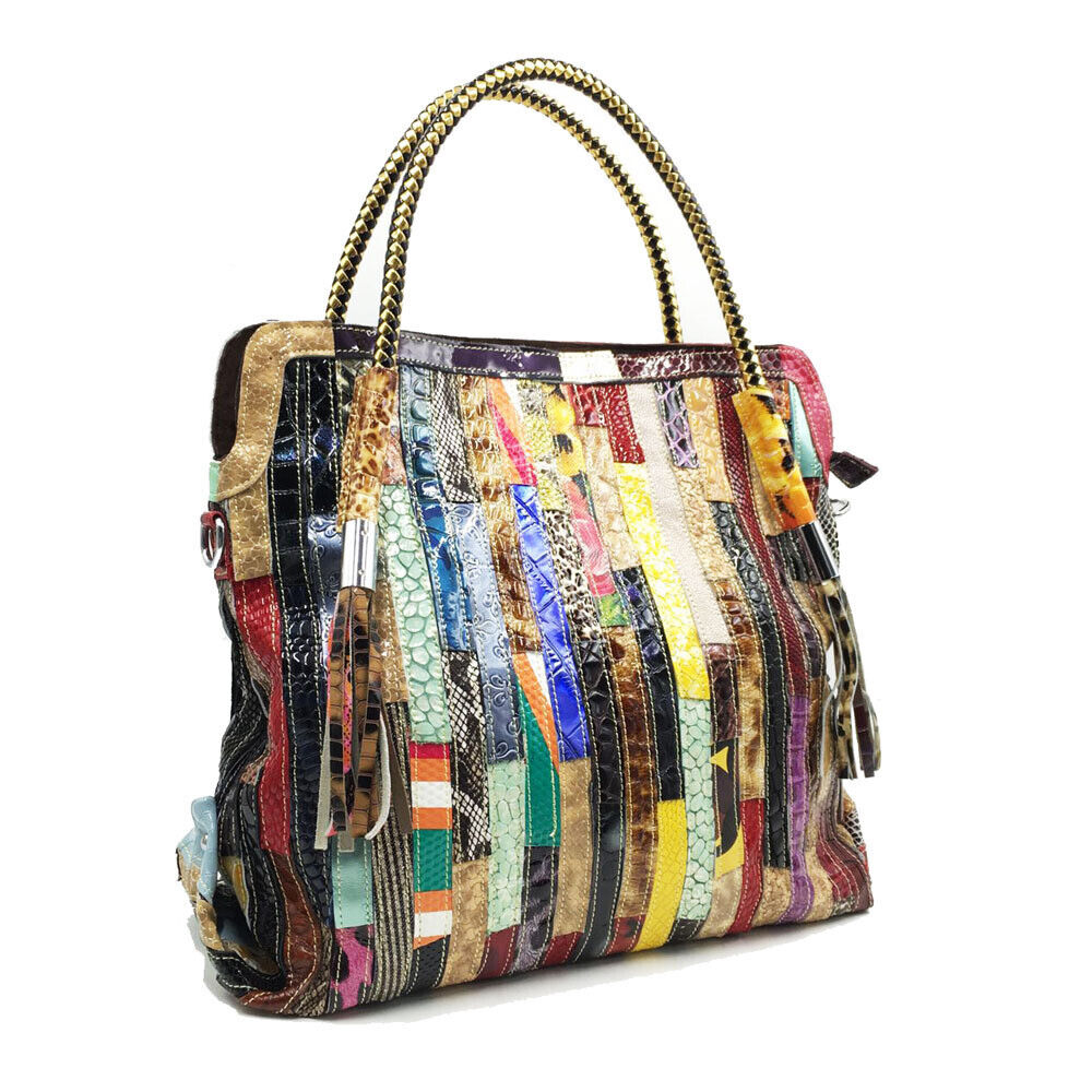 Multicolor Patch Real Leather Shoulder Bag Tote Handbag Purse Crossbody 2 Handle