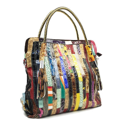 Multicolor Patch Real Leather Shoulder Bag Tote Handbag Purse Crossbody 2 Handle