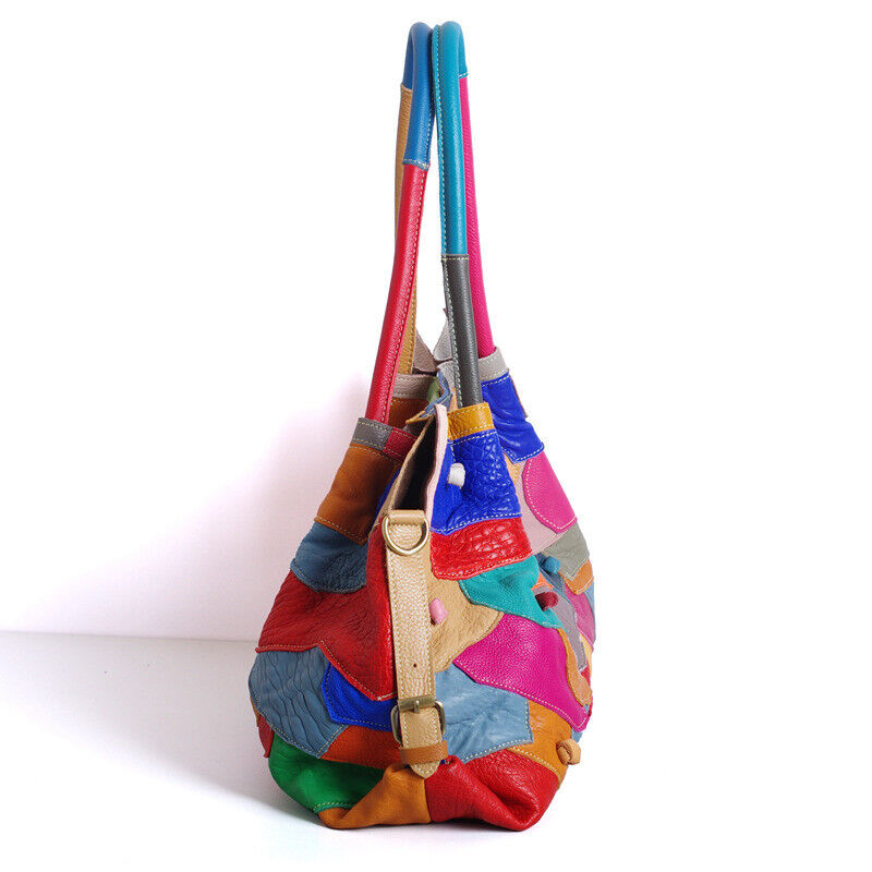 100% Genuine Leather Colorful Blocks Patchwork Handbag Women's Tote Shoulder Bag