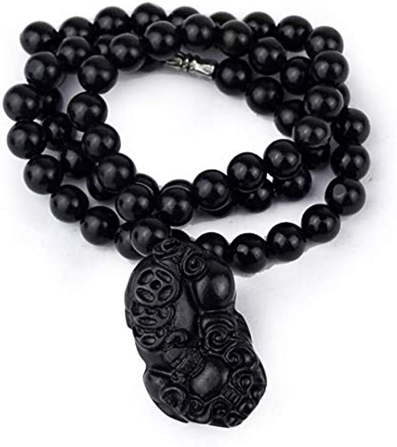 Bian Stone Necklace pixiu guanyin Lucky Pendant Black Beads Round for Men Women