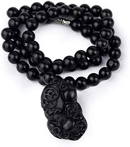 Bian Stone Necklace pixiu guanyin Lucky Pendant Black Beads Round for Men Women