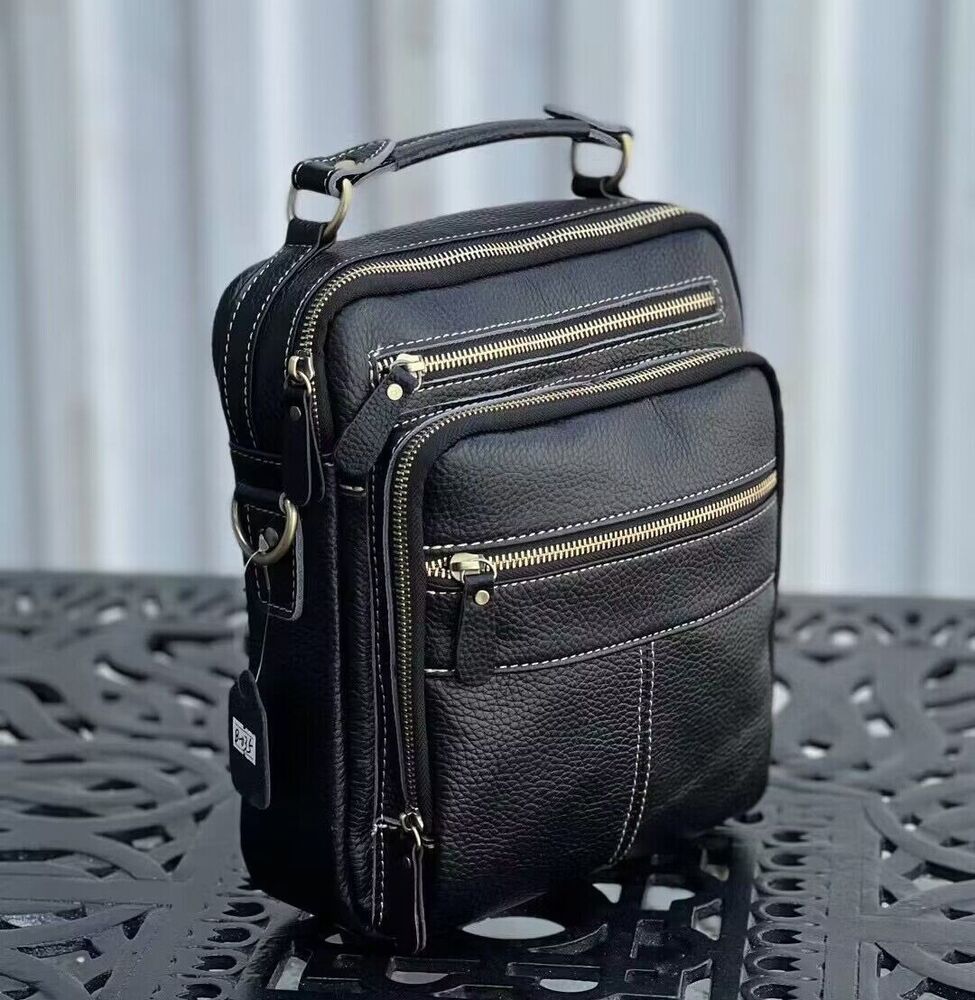 100% Genuine Leather Men's Business Bags, Black Sling Shoulder Messenger Bag