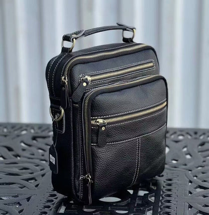 100% Genuine Leather Men's Business Bags, Black Sling Shoulder Messenger Bag