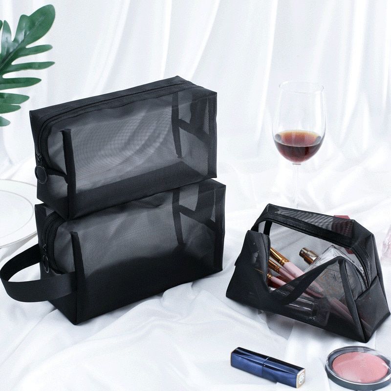 Clear Black Makeup Bags Travel Toiletry Cosmetic Organizer Pouch Set Mesh Purse