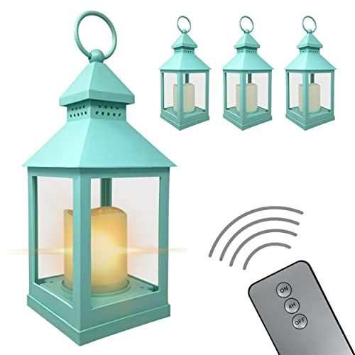 Decorative Teal Lantern - Set of 4 - Lanterns with Flameless Candles &
