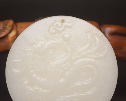 Top Chinese Natural Hetian Jade Carving Dragon Phoenix Statue Lucky Jade Pendant