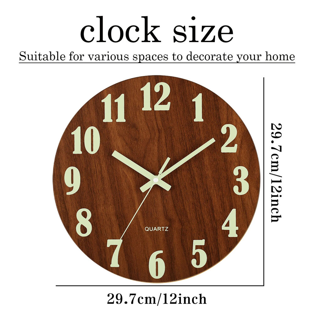 Luminous Walls Clock 12in Wood Non Ticking Light In Dark Night Living Room Decor