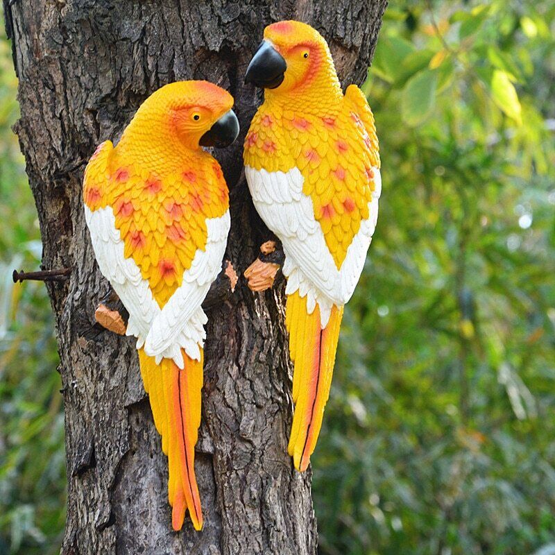 Resin Parrot Statue Wall Mounted Outdoor Garden Tree Decoration Animal Sculpture-