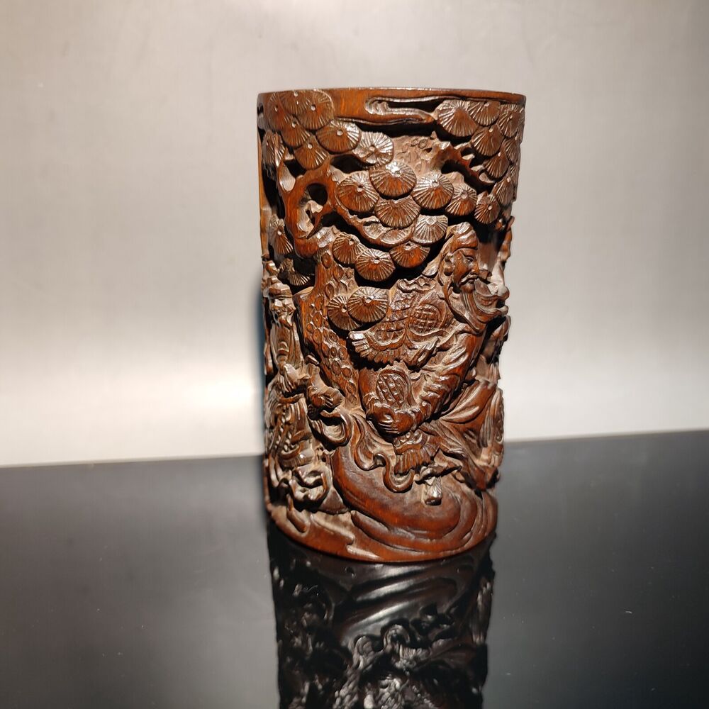 chinese carved brush pot pots pen case statue antique wood carving Warrior story