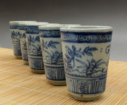 Chinese Jingdezhen Blue White Porcelain Handmade Flower Bird Gongfu Teacup Pair