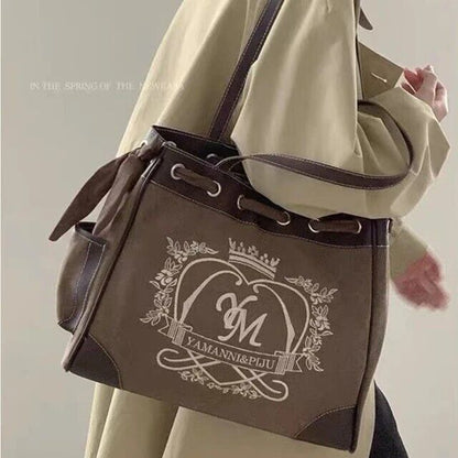 New Trendy Vintage Shoulder Bag For Women Embroidery Letters Heart Canvas Gift