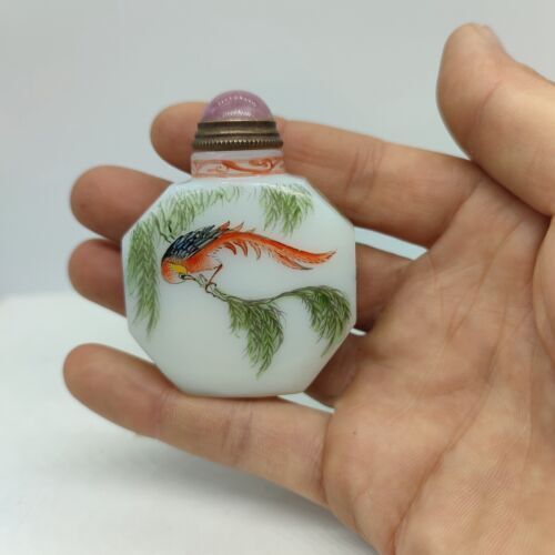 vintage chinese peking glass snuff bottle painted bird signed Collectibles glaze