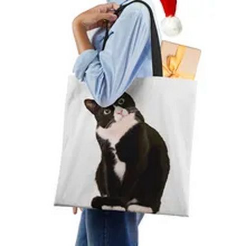 Tote Bags Black Cat Printed Linen Fabric Eco Handbag Shopping Reusable Shoulder