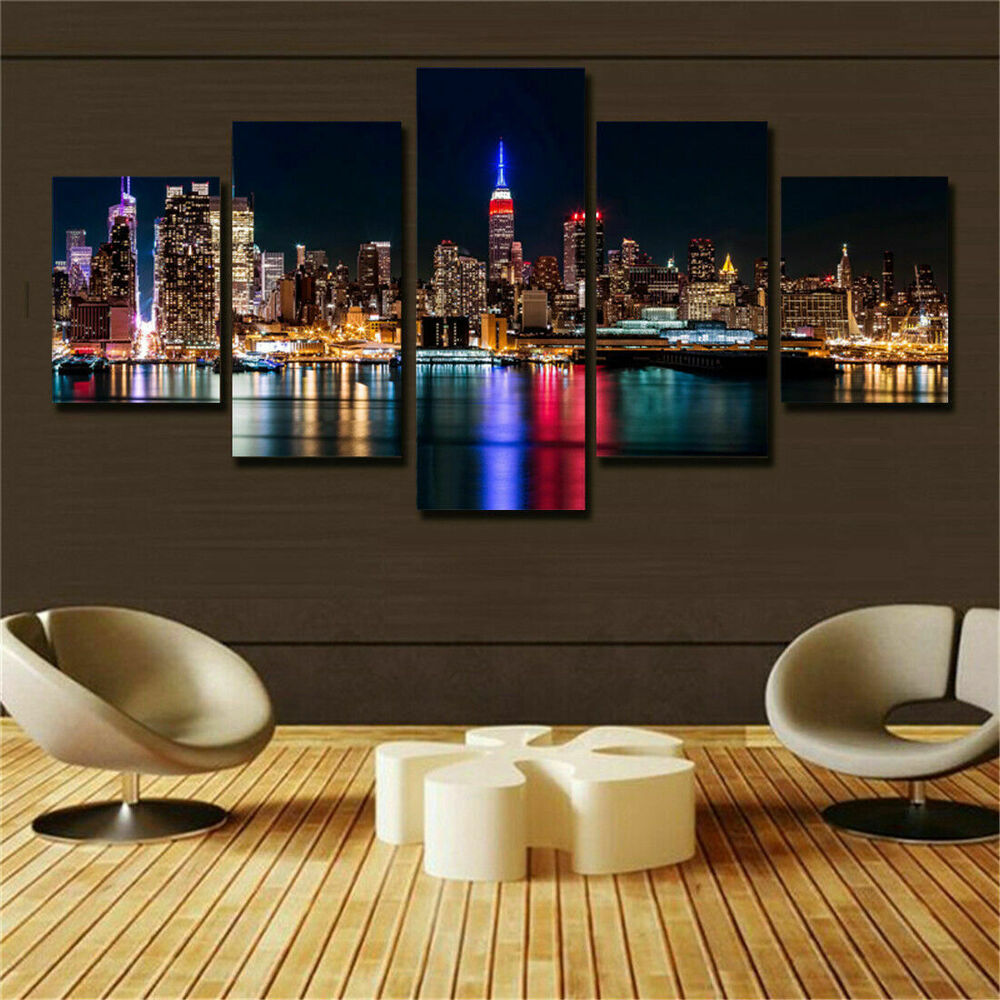 New York City Nightscape Poster Canvas Prints Painting Wall Art Home Decor 5PCS