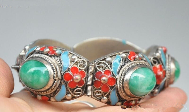 Exquisite CHINESE CLOISONNE SILVER INLAID JADE BRACELET RT