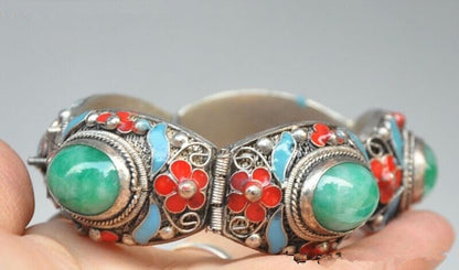 Exquisite CHINESE CLOISONNE SILVER INLAID JADE BRACELET RT