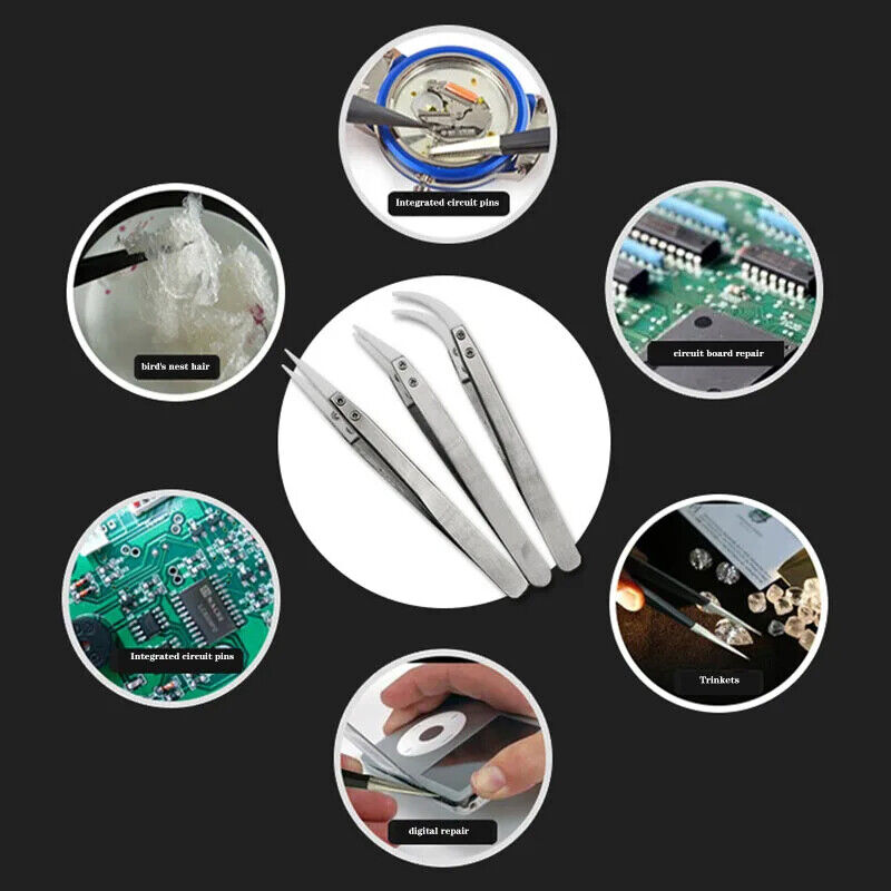Tweezers Ceramic Stainless Steel Straight Elbow Tips Anti-Static Soldering Tools