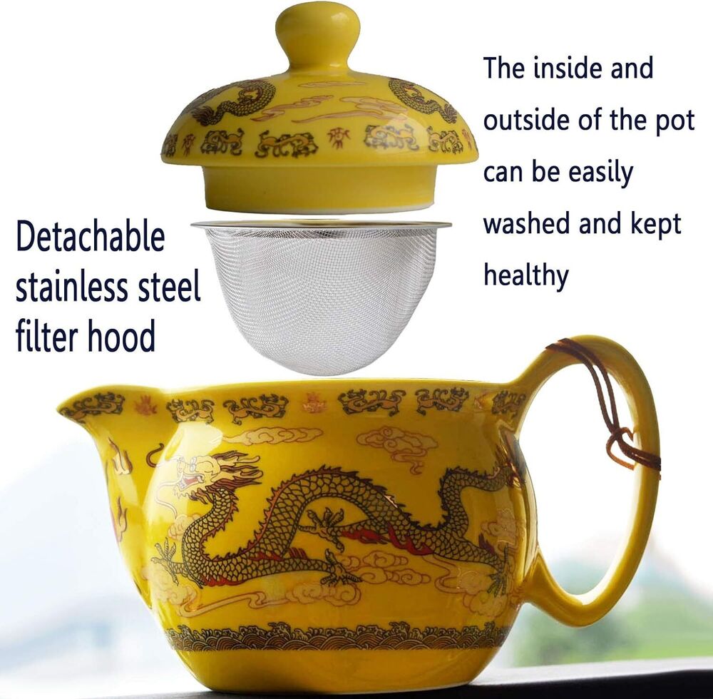 Chinese Yellow Porcelain Teapot Dragons Stainless Mash Infuser Kitchen Decor
