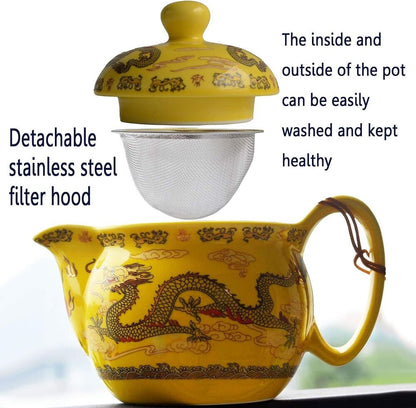 Chinese Yellow Porcelain Teapot Dragons Stainless Mash Infuser Kitchen Decor